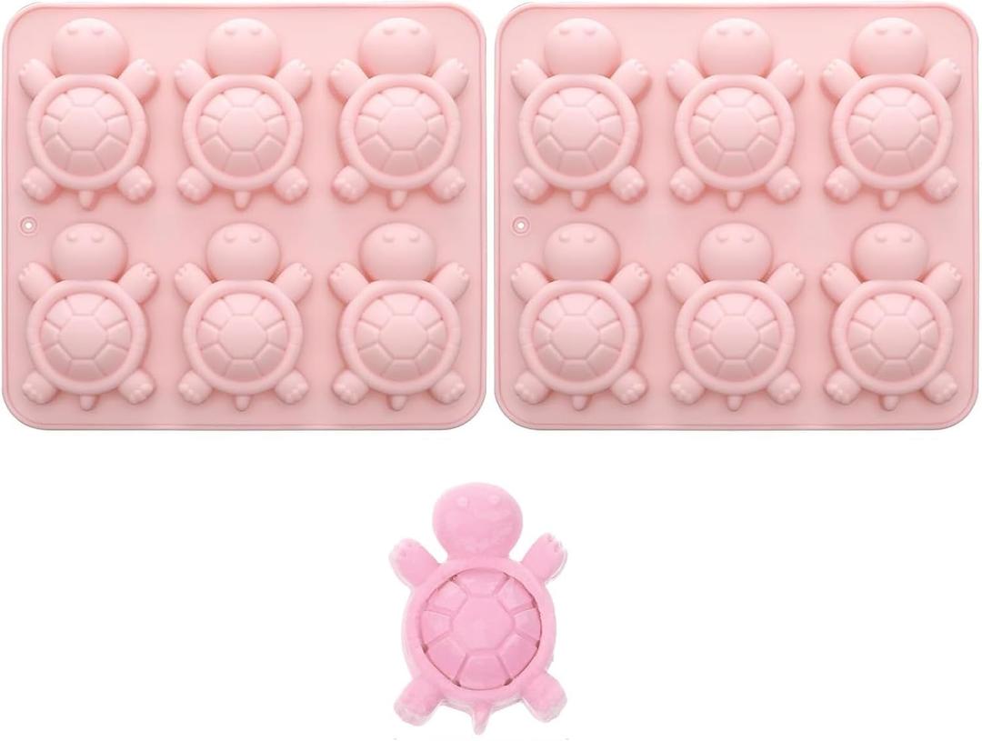 Silicone Turtle Molds, 2 Pack Pink 6-Cavity Baking Molds for Chocolate, Candy, Ice Cubes, Soap Making, Food Grade, Dishwasher Safe, 6.5 x 6.5 Inch