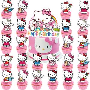 25 Pcs Birthday Party Supplies, Happy Birthday Cake Topper, Cute Anime Cupcake Toppers for Girls (Pink1)