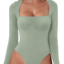 QINSEN Women's Sexy Square Neck Bodysuit Long Sleeve Double Lined Shirt Tops L