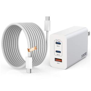 100W USB C Charger, GaN 3-Port Super Fast Charger(Dual Port Type C+A)100W USB-C Laptop Fast Charging Block with 6FT Woven Type C-C Cable for MacBook Pro/ Air, iPad Pro/ Air, iPhone17/ 16/ 15 Air Pro Max Plus