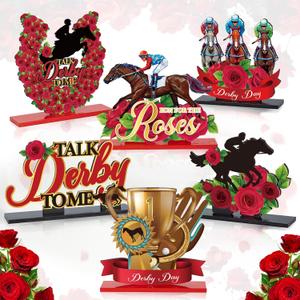 6 Pcs Derby Horse Racing Table Decorations Signs Run for the Roses Wooden Tabletop Centerpiece Kentucky Derby Party Tiered Tray Table Toppers for Home Office Desk Derby Shelf Holiday Party Supplies