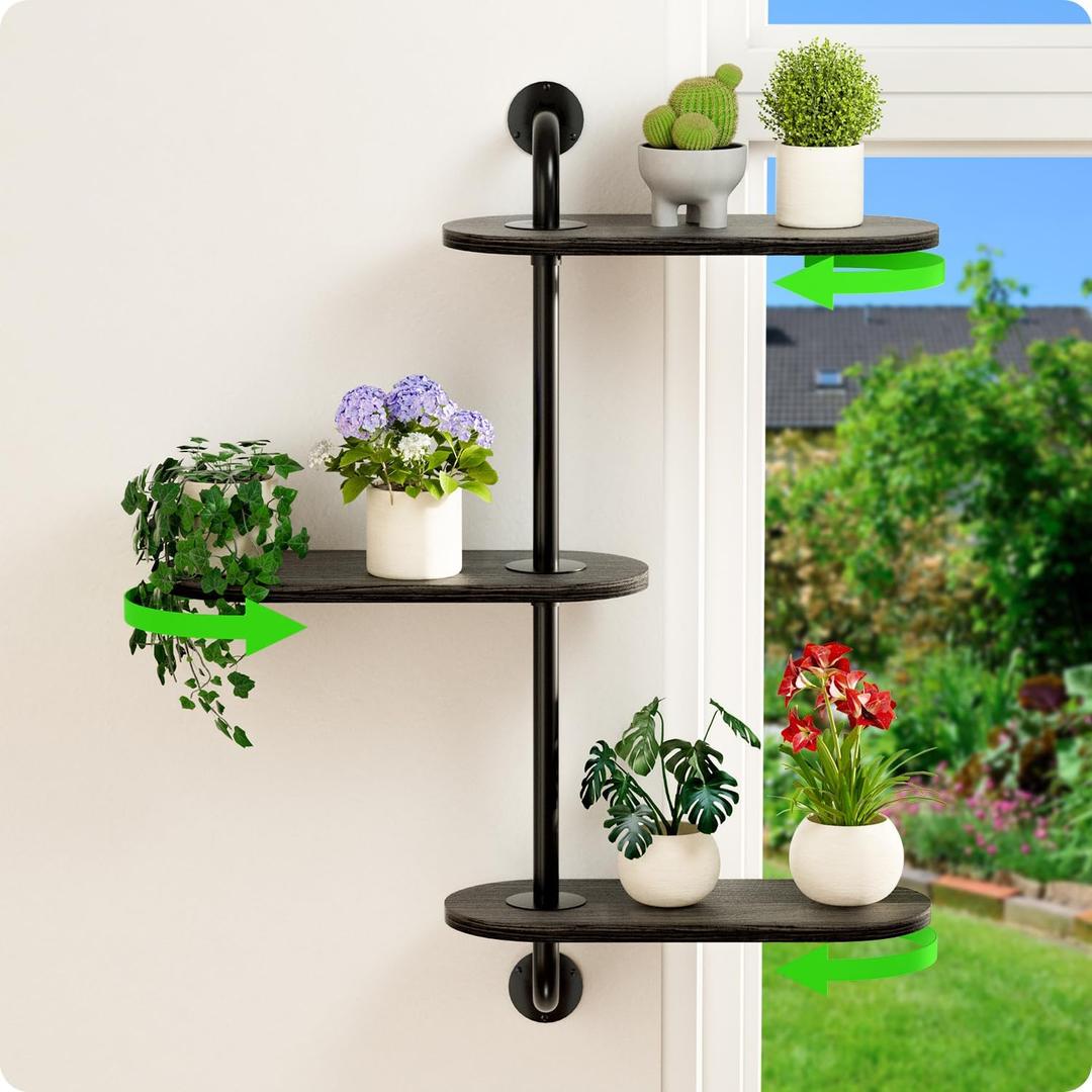 Rotating Window Plant Shelves 3-Tier, Wooden Window Shelf for Plants, Sill Space-Saving Corner Hanging Wall Stand for Multiple Plants, Indoor Home Decor, Black