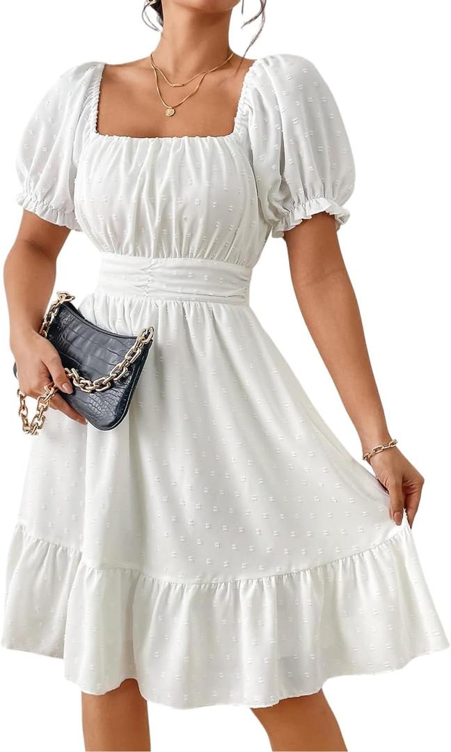 LIGHT DOT Women's Summer Short Dress Tie Back Milkmaid Dress Swiss Dot Puff Sleeve Square Neck Casual (White,S)