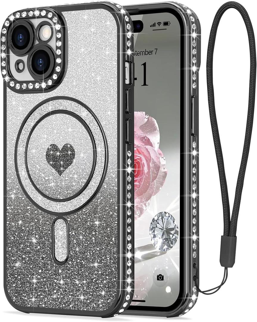 LAPOPNUT for iPhone 15 Magnetic Case [Compatible with MagSafe][Glitter Card & Wrist Strap],Girls Women Bling Sparkle Rhinestone Diamond Raised Lens Protection Cover for iPhone 15 6.1",Black