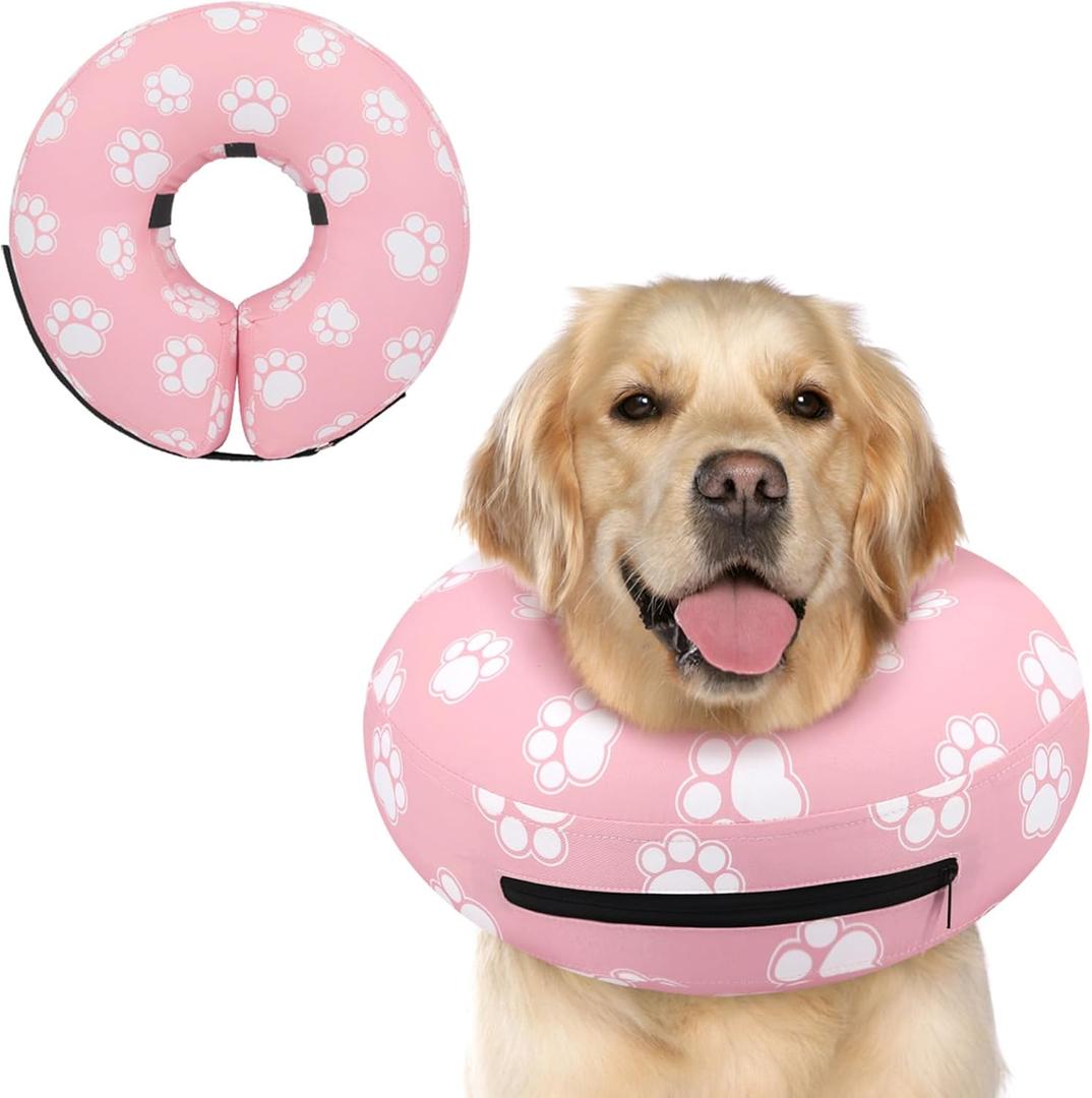 Supet Inflatable Dog Cone Collar Alternative After Surgery, Dog Neck Donut Collar Recovery E Collar, Soft Pet Cone for Small Medium Large Dogs (T Paw Pink)