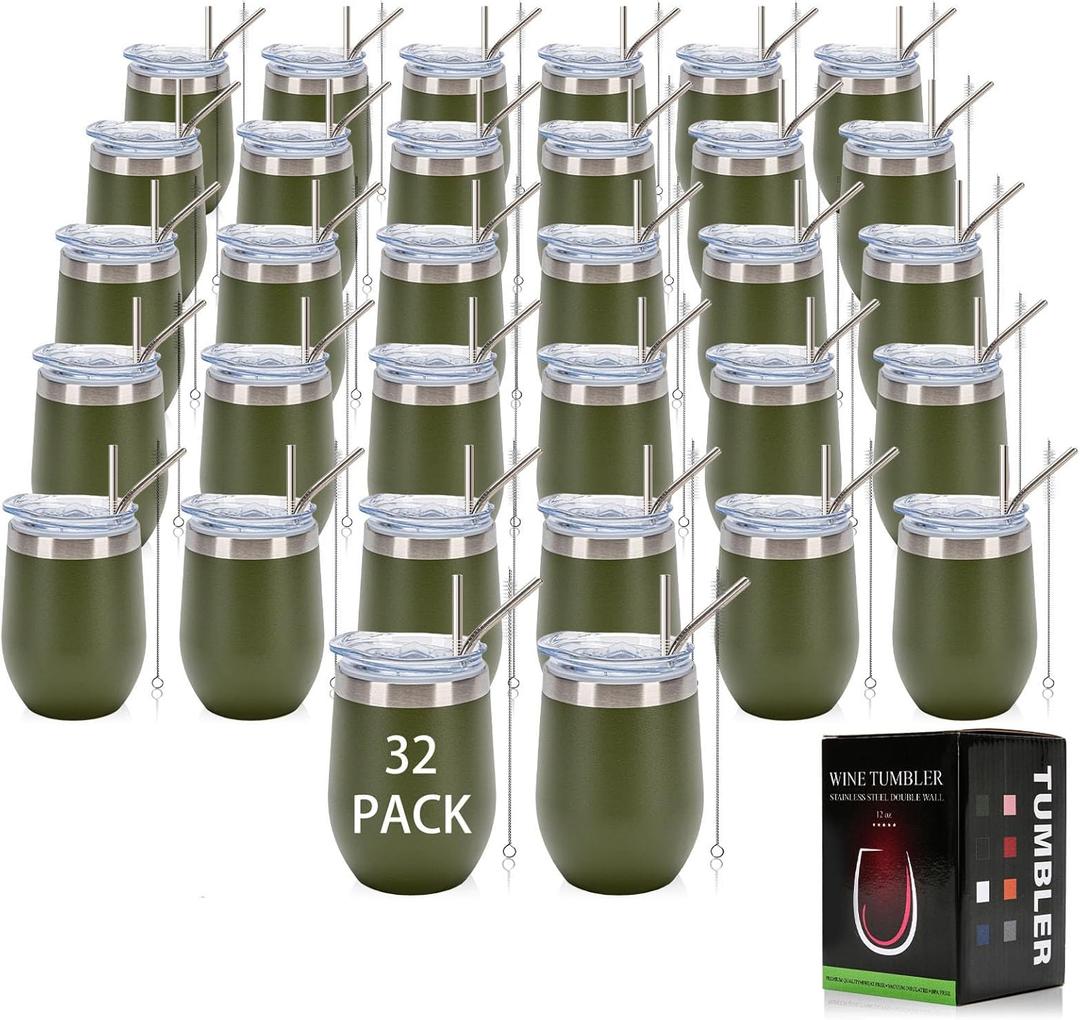 IEOVIEE 32 Pack 12oz Stainless Steel Bulk Tumblers with Lids and Straws Double Wall Travel Mug Powder Coated Insulated Tumbler Bulk Cup for Coffee Cocktails Beverage Gifts(Army Green)