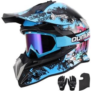DOT Adult Dirt Bike Helmet with Goggles Gloves & Mask Adjustable Sun Visor Motorcycle Adult ATV Helmet Off-Road Motocross Downhill Moped MX BMX for Unisex Adult-188-Blue Cowboy, M(57-58cm)