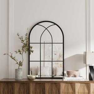 Rowjut Arched Wall Mirror 38" x 24" Window & Wall Decorative Mirrors, Iron Framed Window Pane Mirror, Arched Top Wall Mirror for Entryway Living Room, Bedroom, Fireplace (Black)