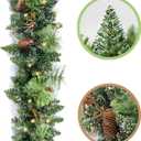 Christmas Garland Prelit 9 Ft Battery Operated with 50 Led Lights, Pine Cone and Snow Style Xmas Garland, Christmas Decor for Mantle StairIndoor Outdoor