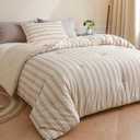 Cyusri Cotton Stripe King Comforter Set - Soft Lightweight Bedding 3 Pieces Dyed Bed Set with 2 Pillow Shams,Reversible All Season Farmhouse Down Alternative(King Size 104"x90" Beige)