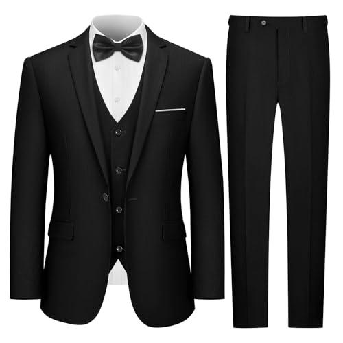 LUPURTY 3 Piece Suits for Men,Men's Suit Slim Fit,Business Solid One Button Single Breasted Tuxedo Blazer Vest Pants Set,Black M