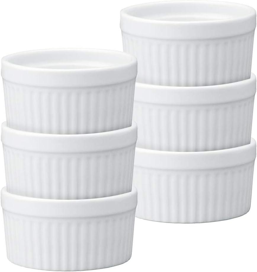 HIC Kitchen Souffle Ramekin, Fine Porcelain, For Baking Custards, Souffles, Casseroles, And Desserts, 8-Ounce Capacity, Set of 6