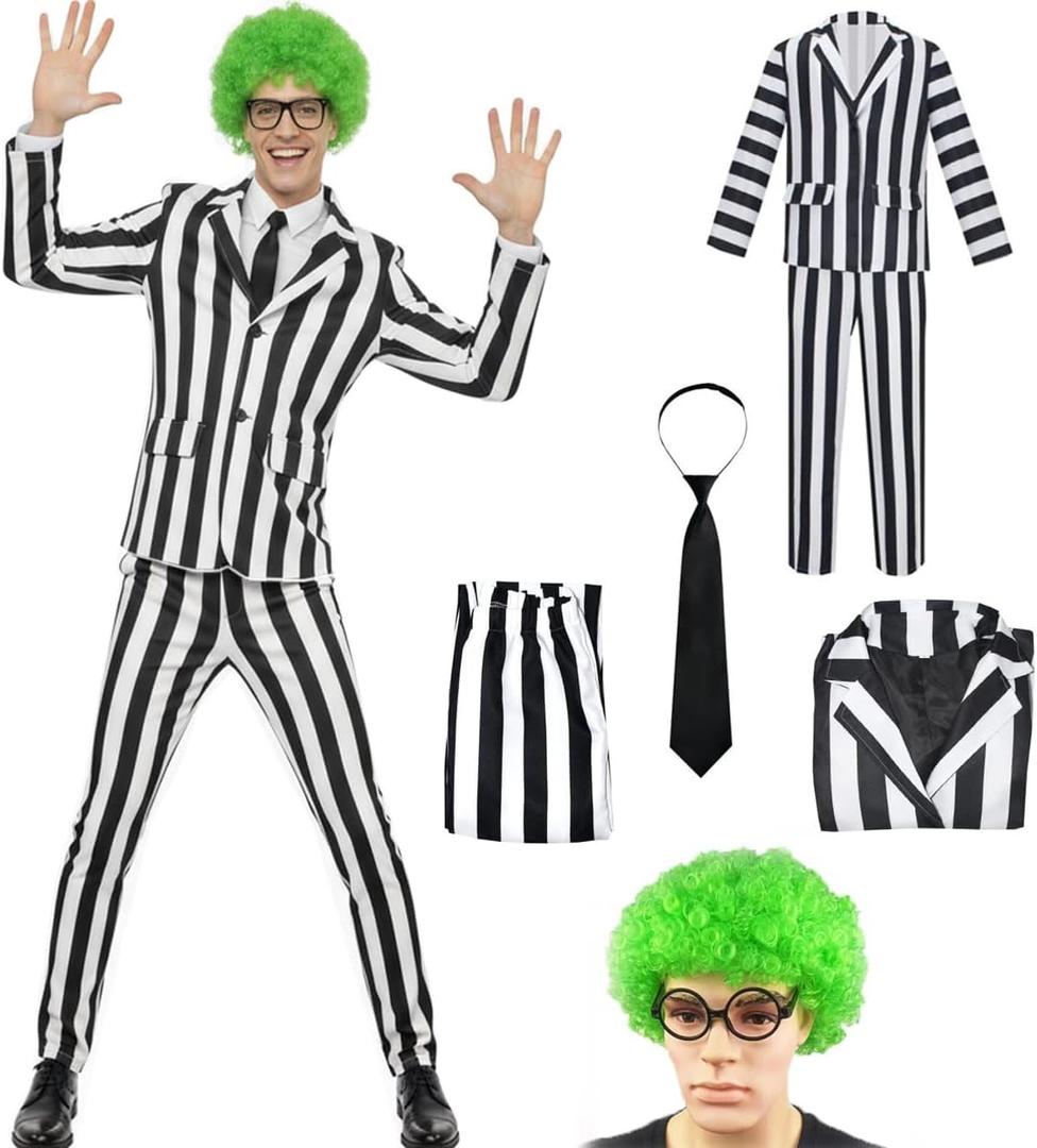 Utaomld Black and White Vertical Striped Suit 4Pcs with Jacket Pants Tie Wig Men Women Halloween Costume Cosplay Outfit (XX-Large)
