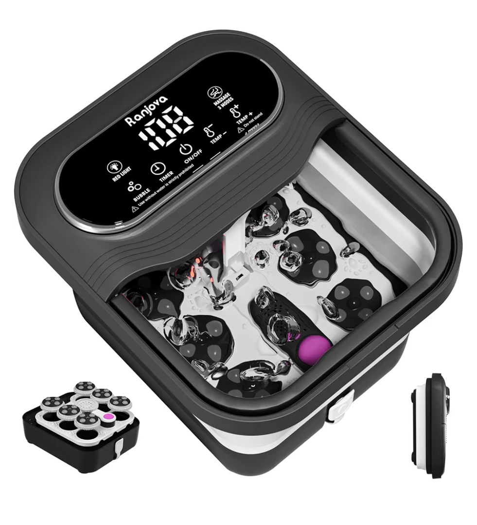 Collapsible Foot Spa Electric Rotary Massage, Foot Bath with Heat, Bubble,Temp Control, and 24 Motorized Shiatsu Massage Balls, Pedicure Foot Spa Tub for Stress Relief (Black)