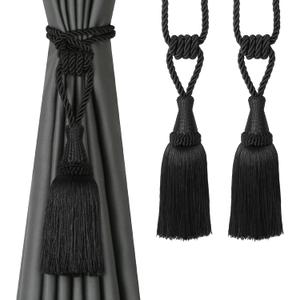 BEL AVENIR Curtain Tiebacks Handmade Holdbacks for Curtains Drape Decorative Tie Backs with Tassels(Black, 2 Pack)