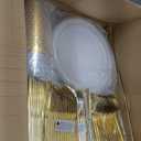 FOCUSLINE 600 Ct Gold Dinnerware Set for 100 Guests - Gold Rimmed Disposable Plastic Plates, Includes 100 Dinner & Salad Plates, Cups, Cutlery Set for Wedding Parties