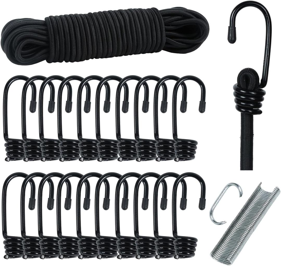Bungee Cord Hook Kit - 5/16" x 66ft Rope, 20 Metal Hooks, 50 Hog Rings | Heavy Duty Elastic Shock Cord