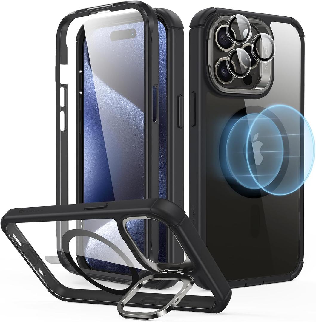 ESR for iPhone 15 Pro Max Case with Stand, Compatible with MagSafe, Full-Body Military-Grade Drop-Proof Case with Built-in 9H+ Tempered Glass Screen Protector, Armor Series, Clear Black