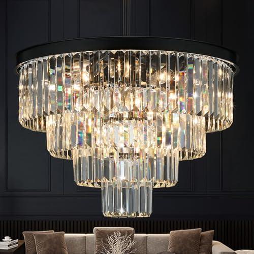 Crystal Chandeliers for Dining Room Lights Fixture Over Table, 15 Lights Black Modern Chandeliers for Living Room, 4-Tier Round Crystal Lighting Fixtures for Bedroom Entryway Kitchen Island D24 Inch