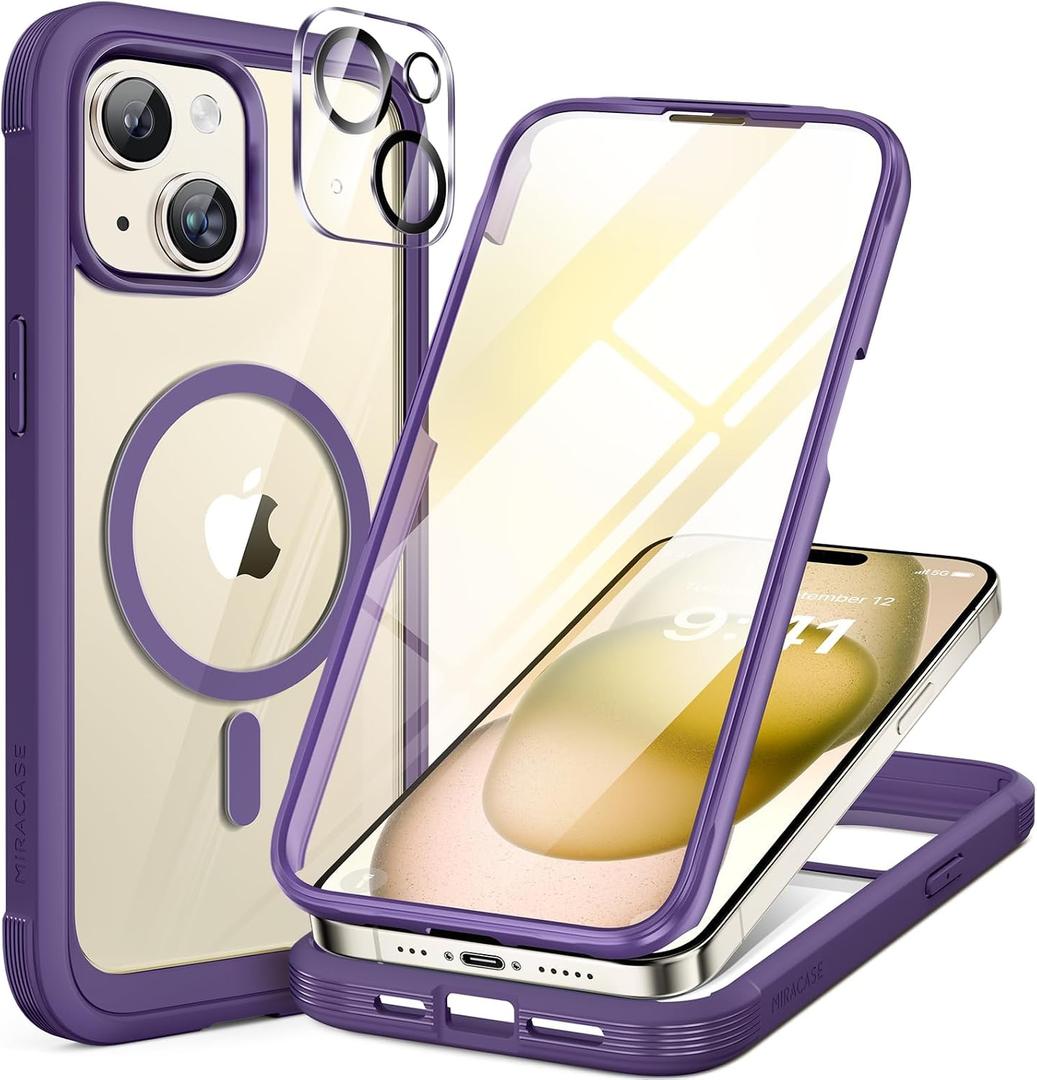 Miracase Glass Series for iPhone 15 Case [Compatible with MagSafe] Full-Body Magnetic Case with Built-in 9H Tempered Glass Anti-Fingerprint Screen Protector + Camera Lens Protector, Purple