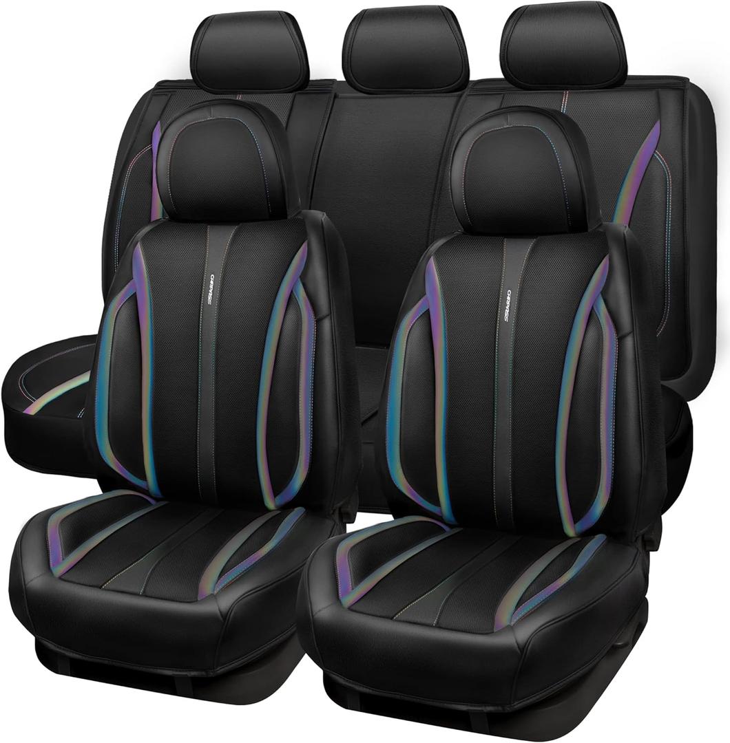 CAR Pass Nappa Leather Car Seat Covers, Durable Waterproof Luxury Universal for SUV Pick-up Truck Sedan, Anti-Slip Driver 5 Seats Covers Full Set with Backrest (Black Chameleon Iridescent Reflective)