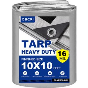 16Mil Finished Size 10x10 Tarp Heavy Duty Waterproof, Large Outdoor Multipurpose Protective Cover (Silver/Black)