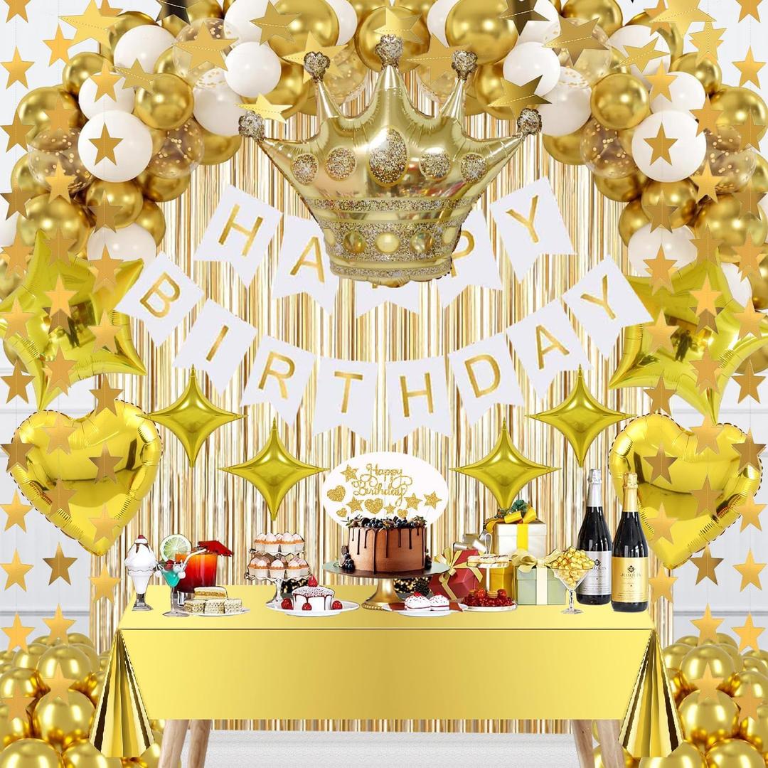 Gold Birthday Decorations Set  Happy Birthday Banner, Star Garland, Crown Foil Balloon, Fringe Curtain Backdrop, Table Cover, Cake Topper, Confetti &Latex Balloons for Boys Girls Men Women Party
