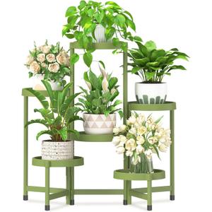 iDavosic.ly 6 Tier Folding Plant Stand Indoor Outdoor with Plastic Tray, Tiered Corner Flower Holder Shelf, Metal Orchid Display Rack for Patio Porch Living Room Garden Balcony, Green