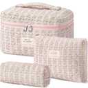 HBselect Quilted Makeup Bag, 3PCS Cotton Large Travel Makeup Bag, Cute Floral Coquette Make up Bag Cosmetic Bag Toiletry Bag for Women Girls