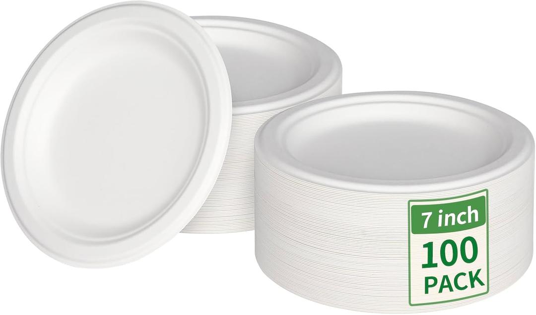 Aricsen 100 Pack 7 Inch Compostable Disposable Round Paper Plates, Natural White Biodegradable Sugarcane Bagasse PFAS-Free Eco-Friendly Dinner Plates for Party Wedding Picnic BBQ (100, 7 INCH)