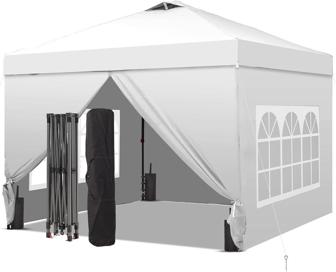 GDY 10x10 Pop Up Canopy Tent with 4 Sidewalls, Easy Set up with One Push Lift Outdoor Silver Coated Beach Gazebos, Carpas with 4 Sandbags, for Events, Parties, Camping, White.