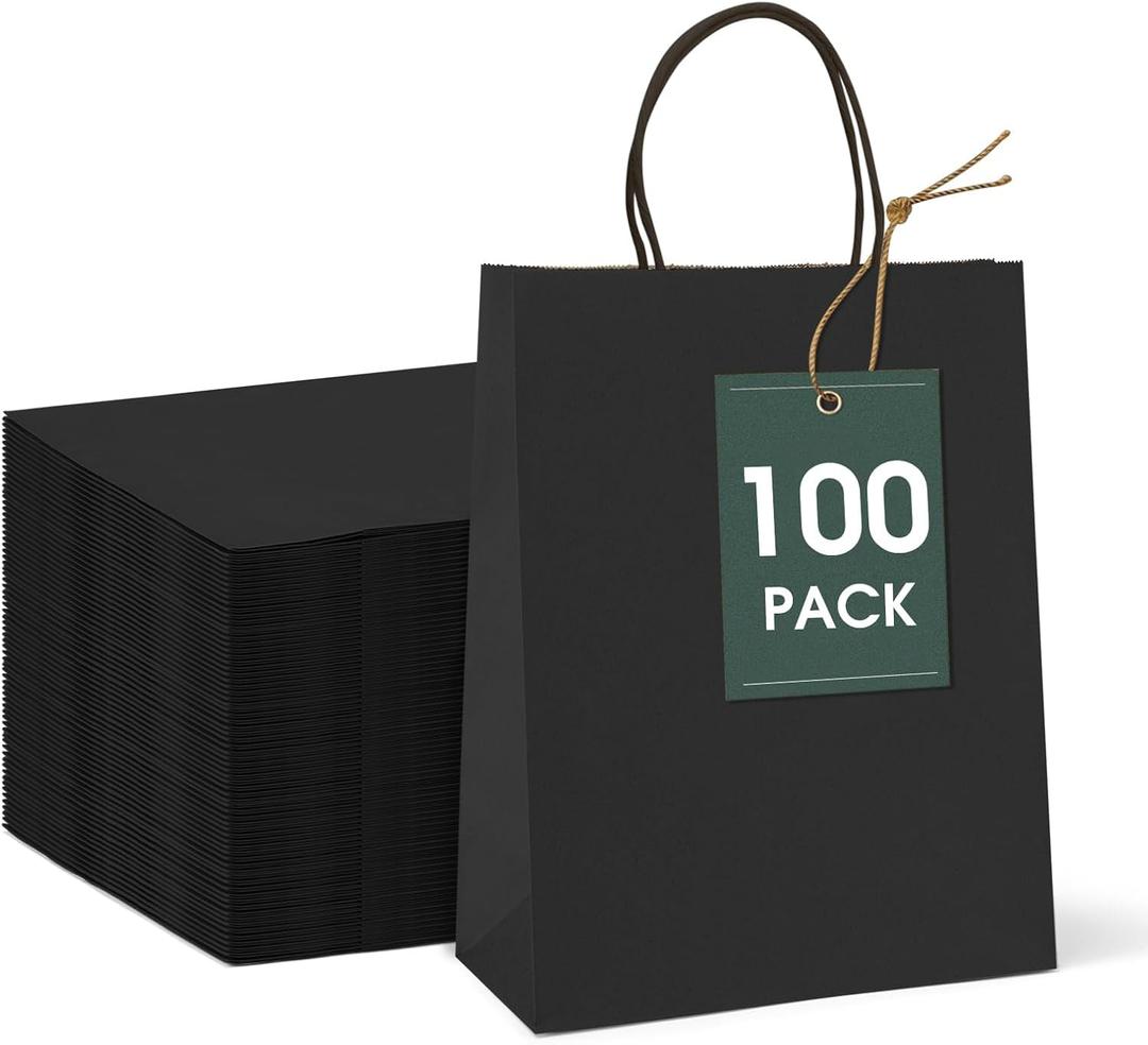 GSSUSA 100 Pack 8x4.75x10'' Paper Bags with Handles Bulk, Black Paper Gift Bags for Small Business, Sturdy Grocery Retail Shopping Bags, Birthday Party Favor Bags, Craft Bags, Kraft Bags