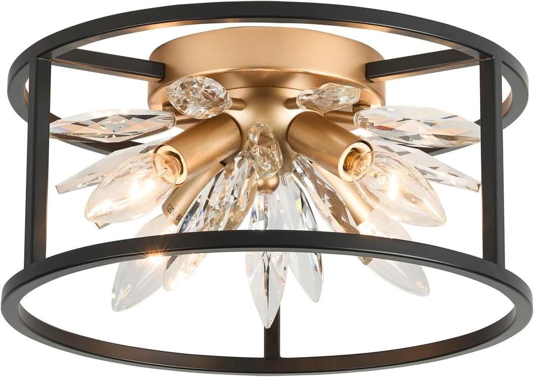 Close to Ceiling Lights - Crystal Ceiling Light Fixture 12-inch Flush Mount Ceiling Lights - E12 Hallway Light - Black and Gold Frame, C1879-R