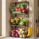 Delamu Stackable Metal Fruit Basket with Wood Lid 3 Pack, Hanging Wall Organizer for Kitchen Counter, Pantry Storage for Onions, Potatoes, Garli, Fruits, Spices, Black