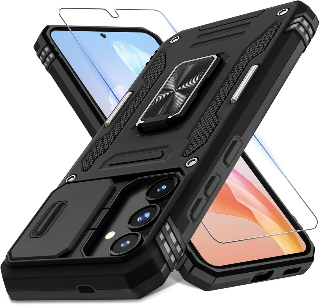 DEERLAMN Case for Samsung Galaxy S25 6.2-Inch with Slide Camera Cover+Screen Protector (1 Pack), Rotated Ring Kickstand Military Grade Shockproof Protective Cover-Black
