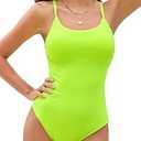 ZAFUL Womens Scoop Neck One Piece Bathing Suit Open Back Ribbed 1 Piece Swimsuit High Leg Cheeky Swimwear Green L