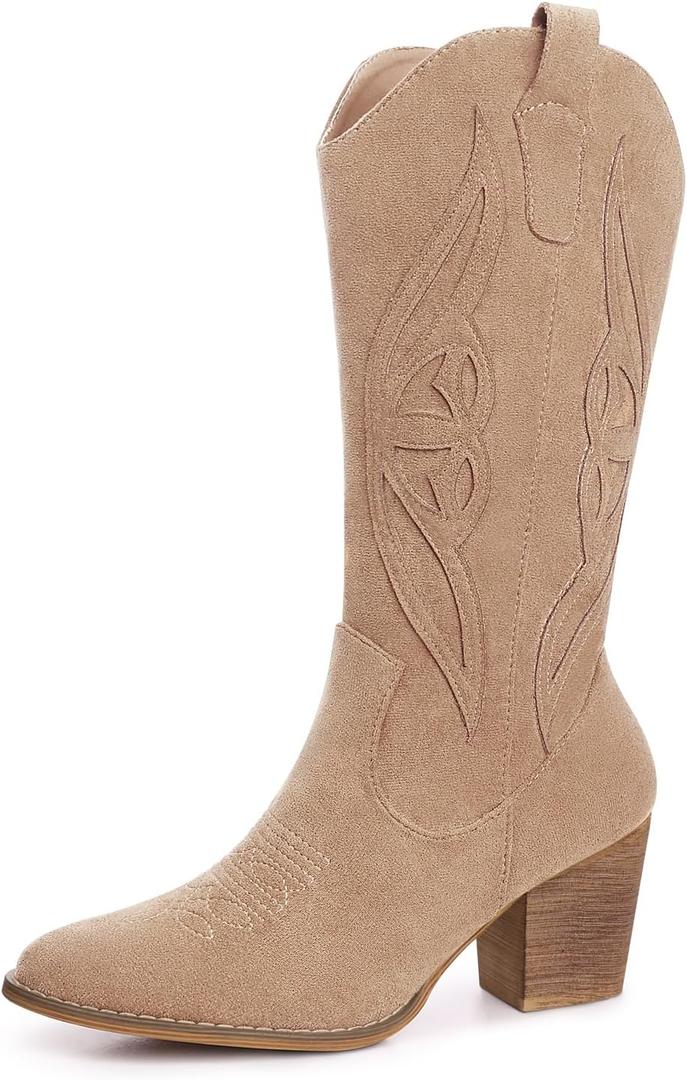 Cowboy Boots for Women 2025: Mid Calf Cowgirl Boots Western Embroidered Country High Heel Pointed Toe Booties