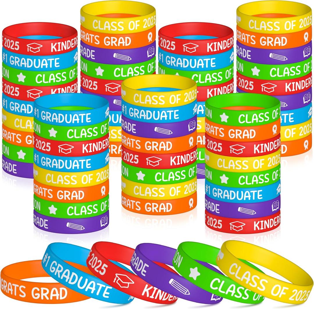 WATINC Kindergarten Graduation Silicone Wristbands Set, Class of 2025 Colorful Happy Graduation Label Bracelets, Rubber Wristband Party Favors Supplies Decoration Students Rewards for Kids (72Pcs)