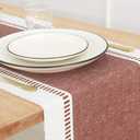 PurpleEssences Rust Table Runner - Wide with Dobby Stripe, Heavy Ribbed Weave & Double Knot Fringes, 14x72 Inch (14x77.5 with Fringes) Boho Farmhouse Decor - Fall Thanksgiving - Rust and H.White