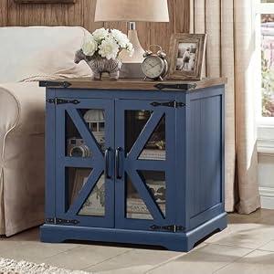 BEROXII Farmhouse End Table, 24" Large End Tables with Storage, Rustic Square Sofa Beside Table with Glass Barn Door, Wood Side Table Square Nightstand for Living Room, Bedroom, Office (Misty Blue)