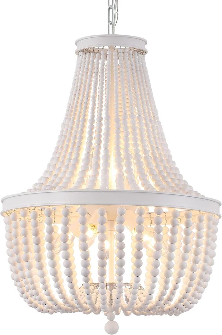 Q&S Beaded Chandelier Farmhouse White Wood Beaded Boho Light Fixture Vintage Antique 8 Lights for Dining Room Nursery Kitchen Foyer Bedroom Living Room UL Listed