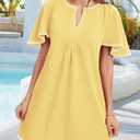 HOULENGS Women's Summer Flutter Short Sleeve A Line Mini Dress Casual Contrast Trim V Neck Short Dress with Pockets Yellow X-Large