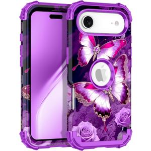 LONTECT for iPhone Air Case 3 in 1 Shockproof Heavy Duty Rugged Hard PC+Soft Silicone Full Body Protective Cover Girls Women Case for Apple iPhone 17 Air 2025, Glow in The Dark Lilac