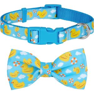 azuza Dog Collar with Bow Tie, Soft and Comfortable Adjustable Bowtie Dog Collar for Puppy and Small Dogs (XS, Yellow Duck) (XS - Neck: 8-12 inch)