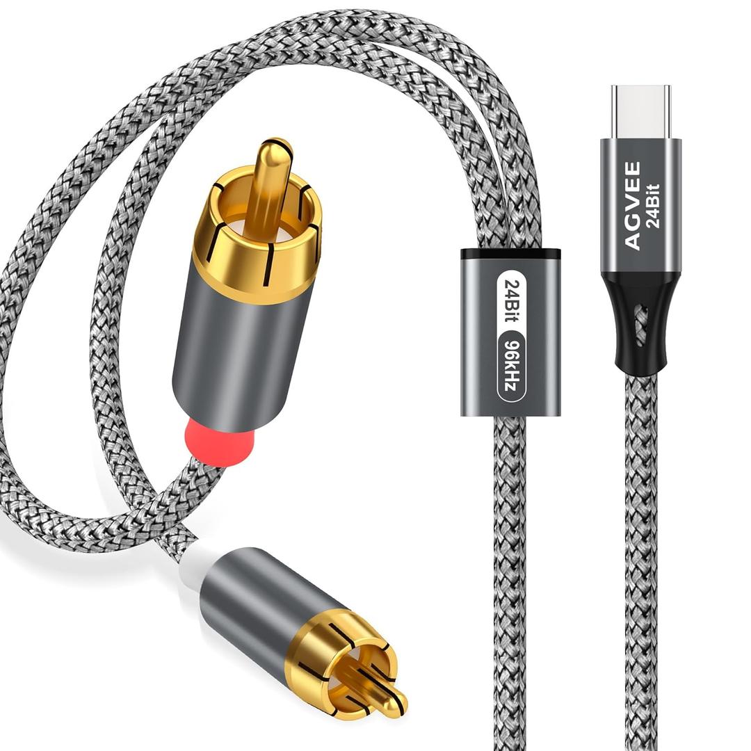 AGVEE 6.6ft 24-bit/96kHZ USB C to RCA Audio Cable, Type C to 2RCA Jack Male Y Splitter Cord Adapter for iPhone 16 15 iPad Pro Samsung Galaxy S24 S23 S22 S21, Google Pixel, Amplifiers, Gray
