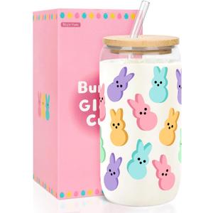 Easter Bunny Cup, Easter Gifts for Women Girls Kids, Teens Basket Stuffers, Cute 16oz Glass Iced Coffee Cup with Lid And Straw