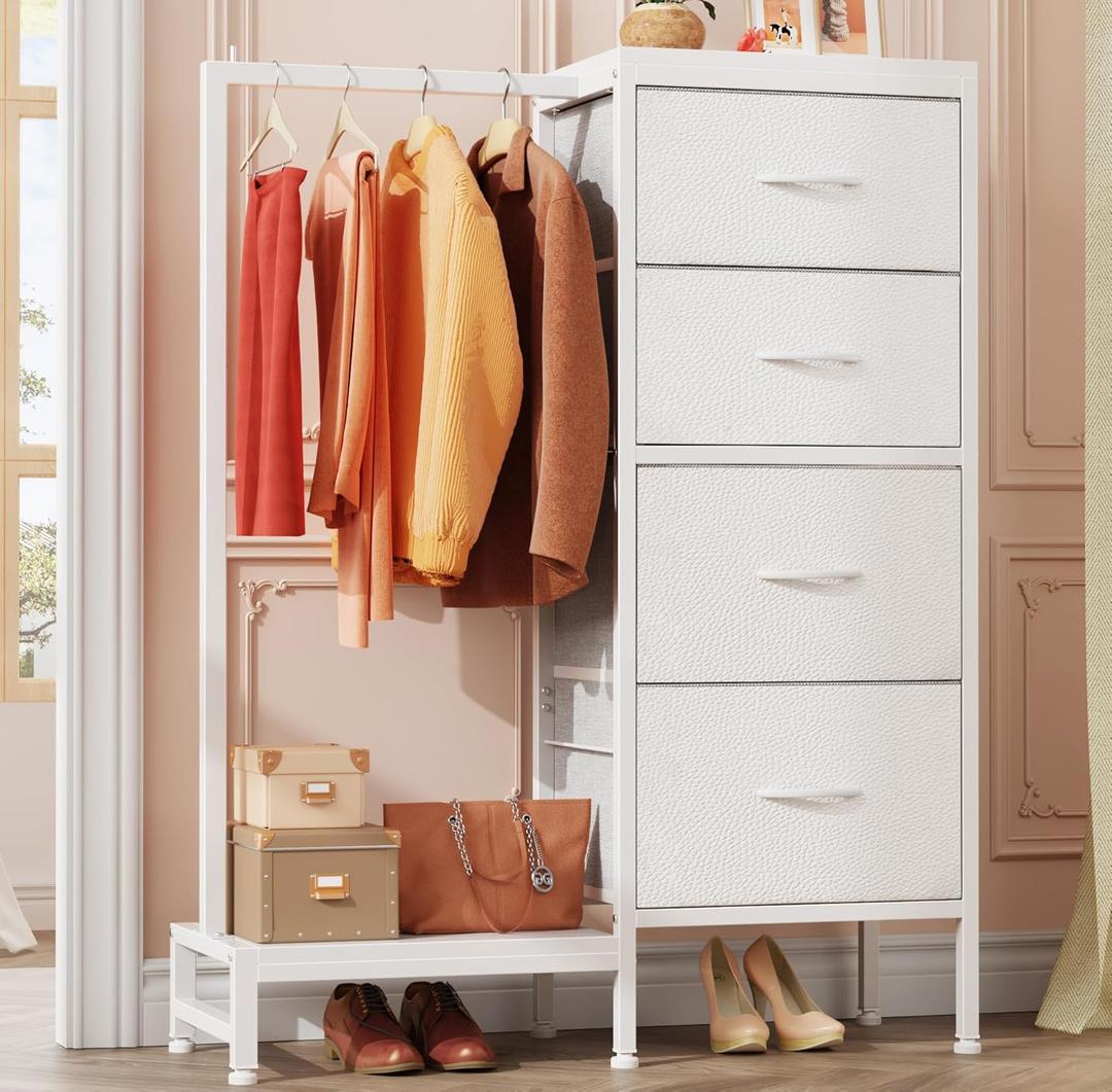 Dresser with Hanging Rack, 4 Drawers Small Closet for Bedroom, Reversible Fabric Kids Chest of Drawers with Clothes Rack, Tall Storage Tower, Sturdy Frame, White, 44''H