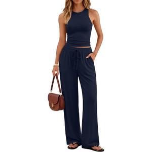Trendy Queen Women's Summer 2 Piece Lounge Set Matching Outfits 2026 | Butter Soft Tank Top, High Waisted Wide Leg Pants, With Pockets (Blue, S)
