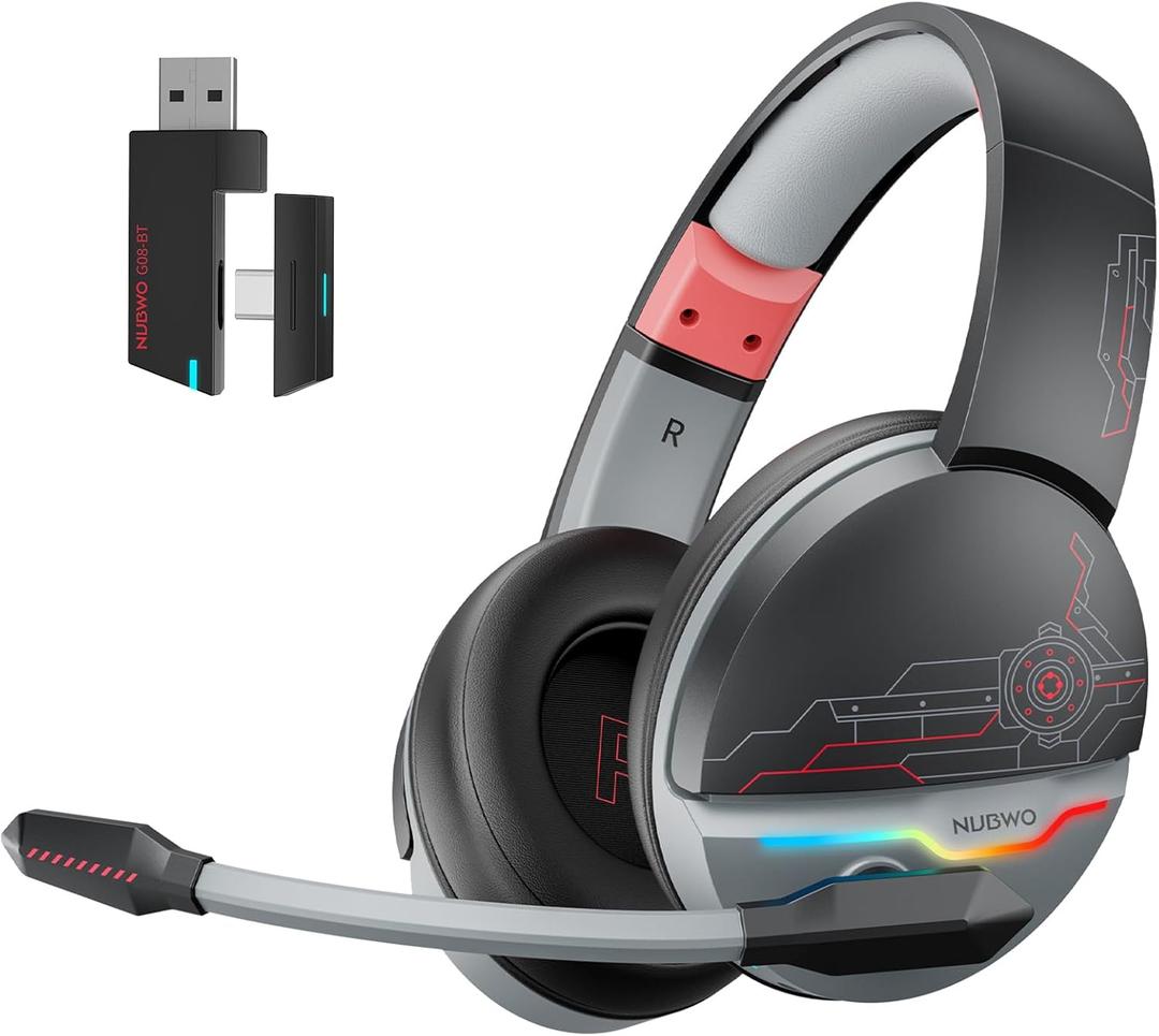 NUBWO G08 Dual Wireless Gaming Headset with Mic for PS5, PS4, PC, Mobile & Tablet | 2.4GHz Wireless & Bluetooth 5.3 | 100 Hr Battery | 50mm Drivers | Lightweight & RGB Lighting - DarkRed