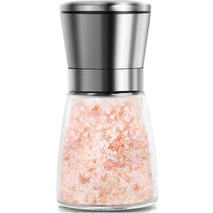 Mincham Manual Salt or Pepper Grinder for Professional Chef, Best Spice Mill with Stainless Steel Cap, Ceramic Blades and Adjustable Coarseness, Refillable Glass Body with 6OZ Capacity (Silver single)